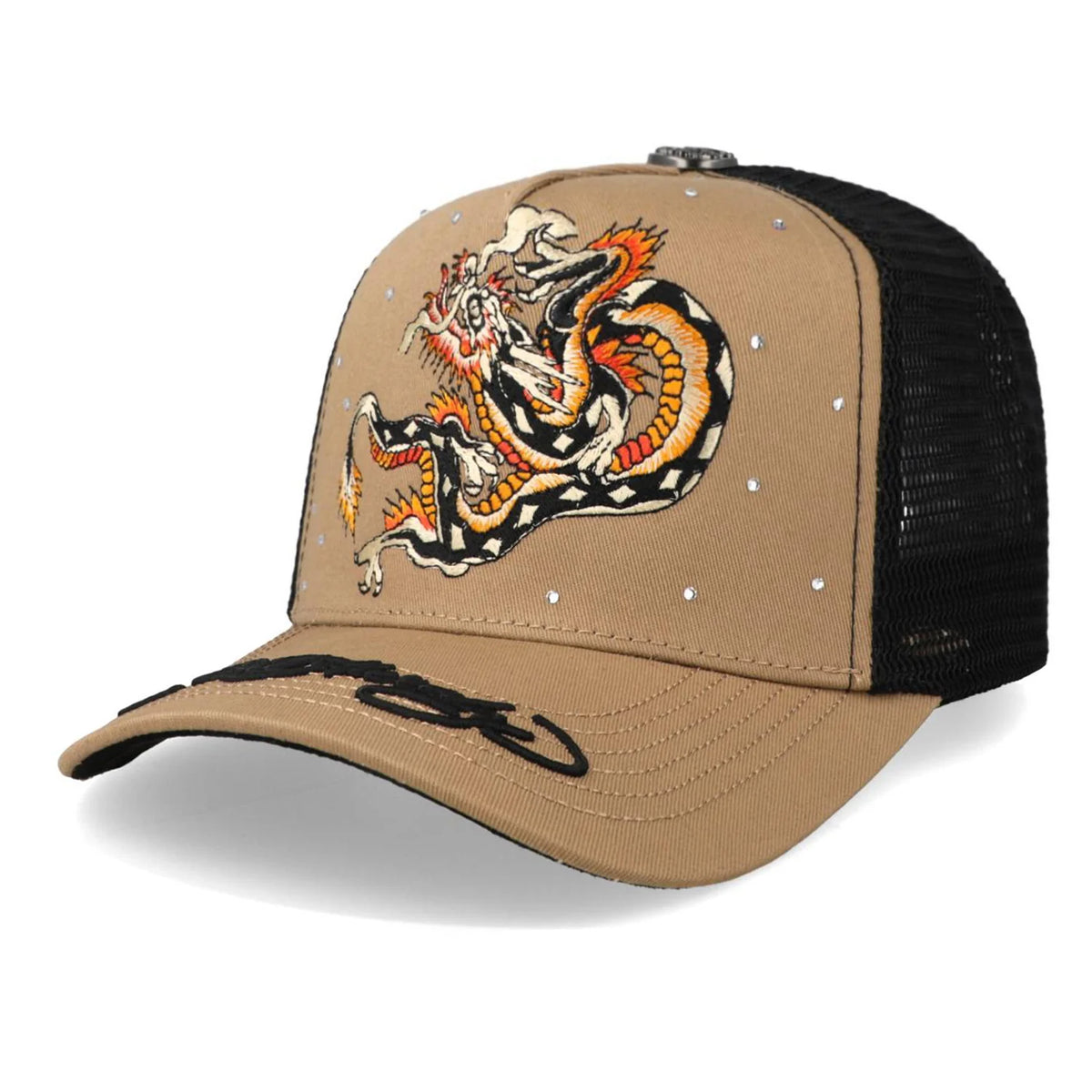 Ed Hardy Mirror Dragons Crystals - Beige / Black Trucker Hat